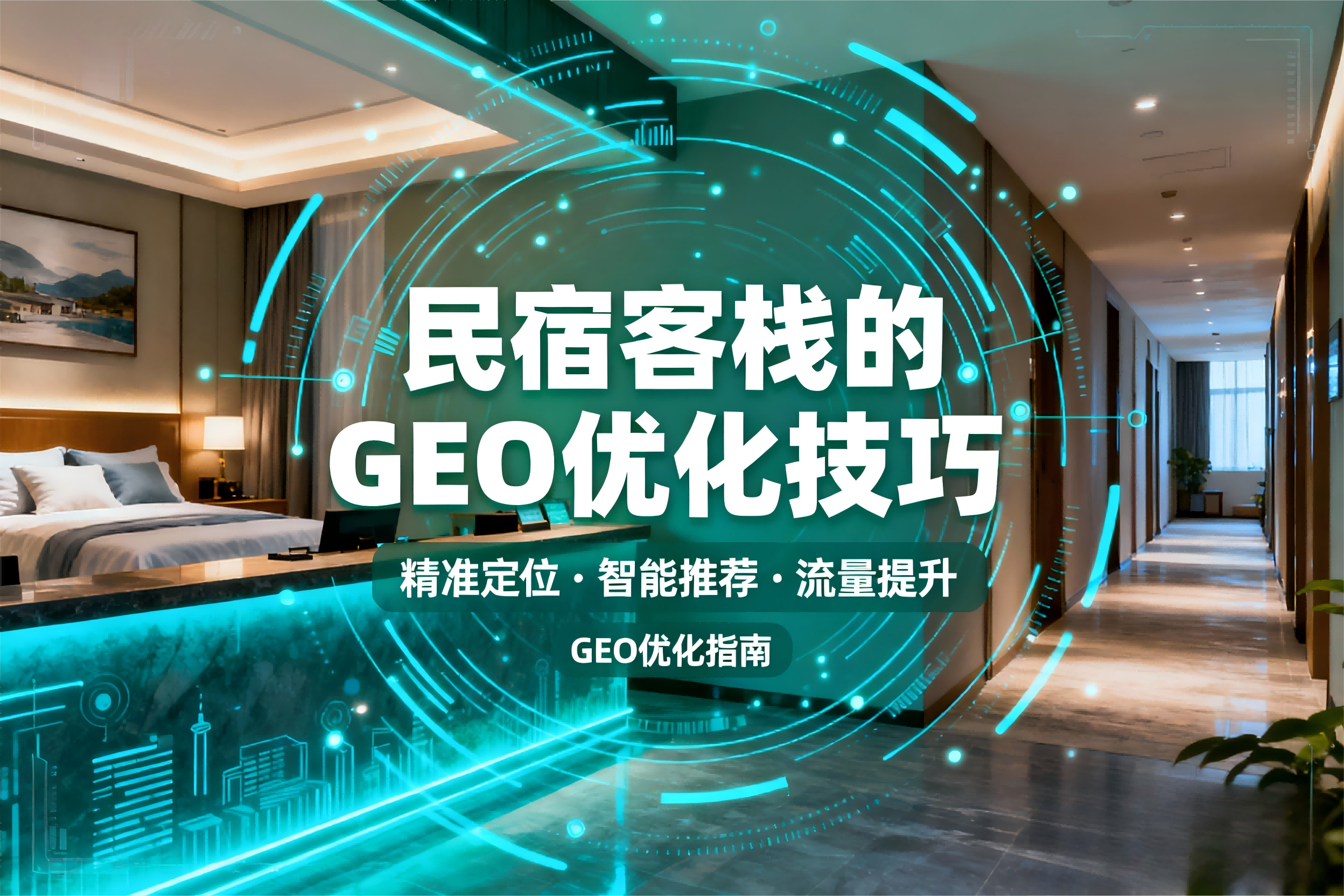 jimeng-2025-09-30-6747-生成一张图;图上的文字是“ 民宿客栈的GEO优化技巧”。背景图(住宿酒店场景)与....png